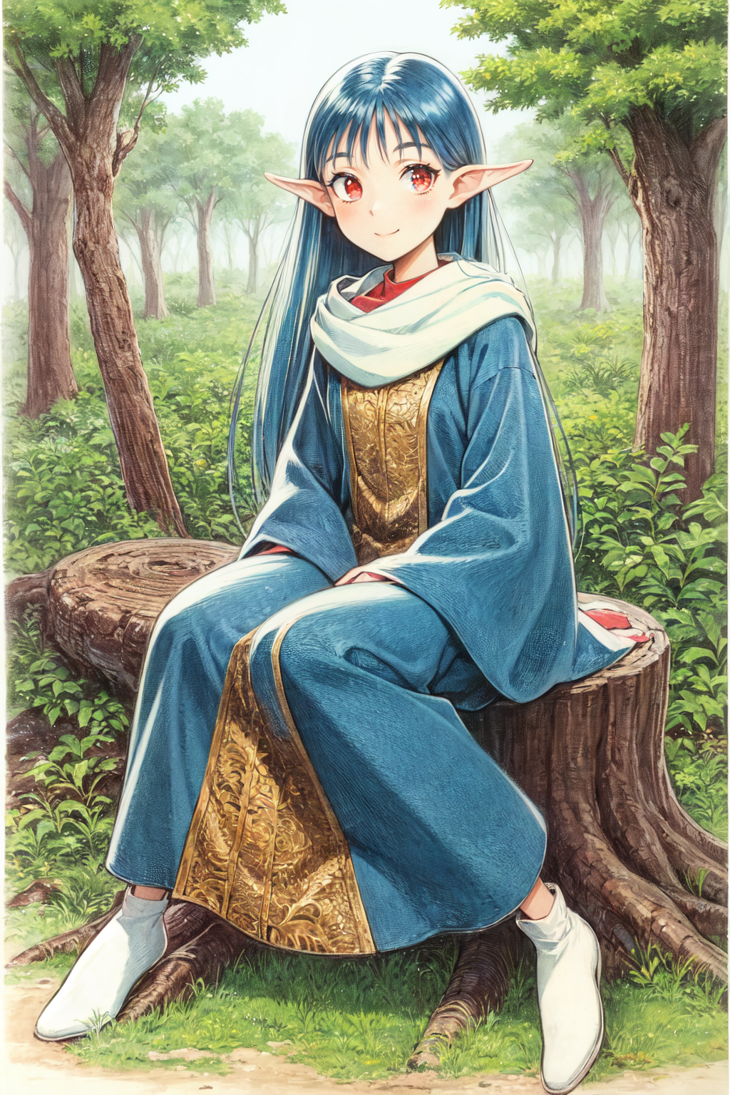 80018-2303584416-sarasf, 1girl, solo, robe, long sleeves, white footwear, smile, wide sleeves, closed mouth,  blush, looking at viewer, sitting,.png